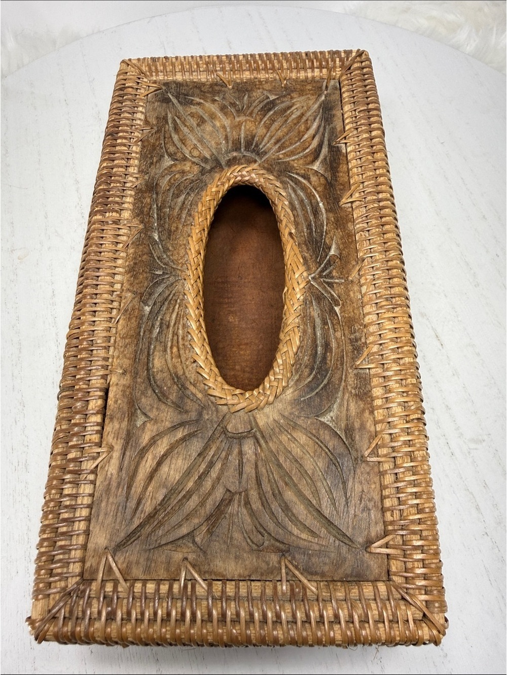 Vintage Handwoven Rattan Tissue Box Cover with Carved Wooden Lid
